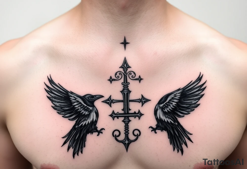 Chest tattoo, two ravens and icelandic symbols, dark brest tattoo tattoo idea