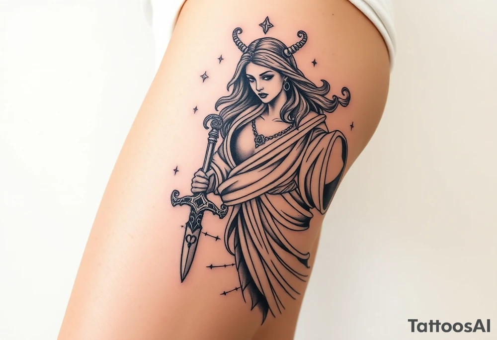 A powerful Virgo warrior goddess, draped in elegant white robes, wielding a silver dagger engraved with the Virgo glyph tattoo idea