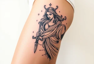 A powerful Virgo warrior goddess, draped in elegant white robes, wielding a silver dagger engraved with the Virgo glyph tattoo idea