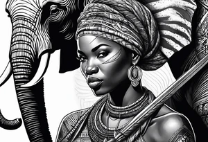 African woman warrior with tribe scars and spear in hand with elephant in background tattoo idea