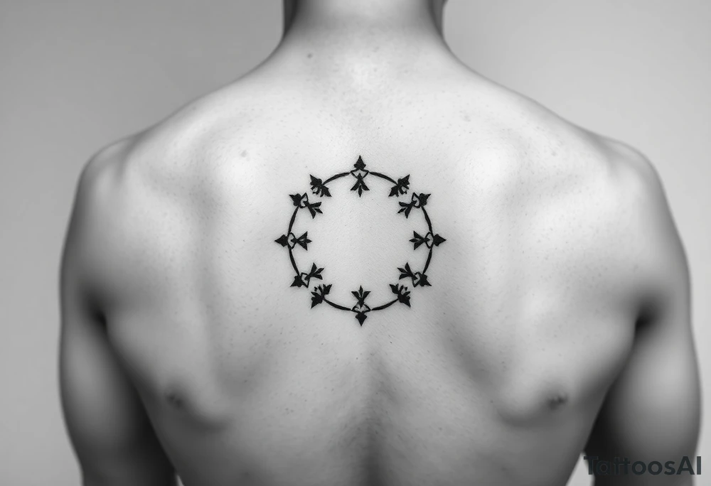 Simple Enso circle between shoulder blades

Stars for family (mum, dad, Dan, anders, Sofie, Ida, vibe, Laura, sue, Nick)

Other symbol for friends (Gul, Caspar, therese, Aimee, Tao, piers, Miranda, Caroline, Liv, Helen, Caroline, Nicky, Dave, Sarah) tattoo idea