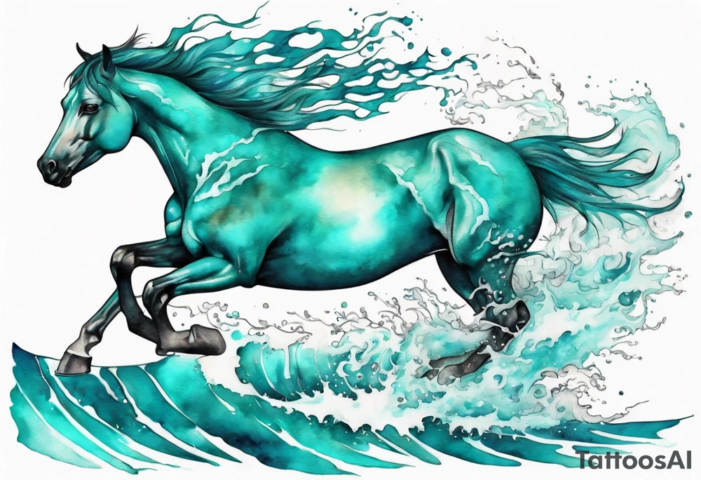 a turquoise water horse running through crashing waves tattoo idea