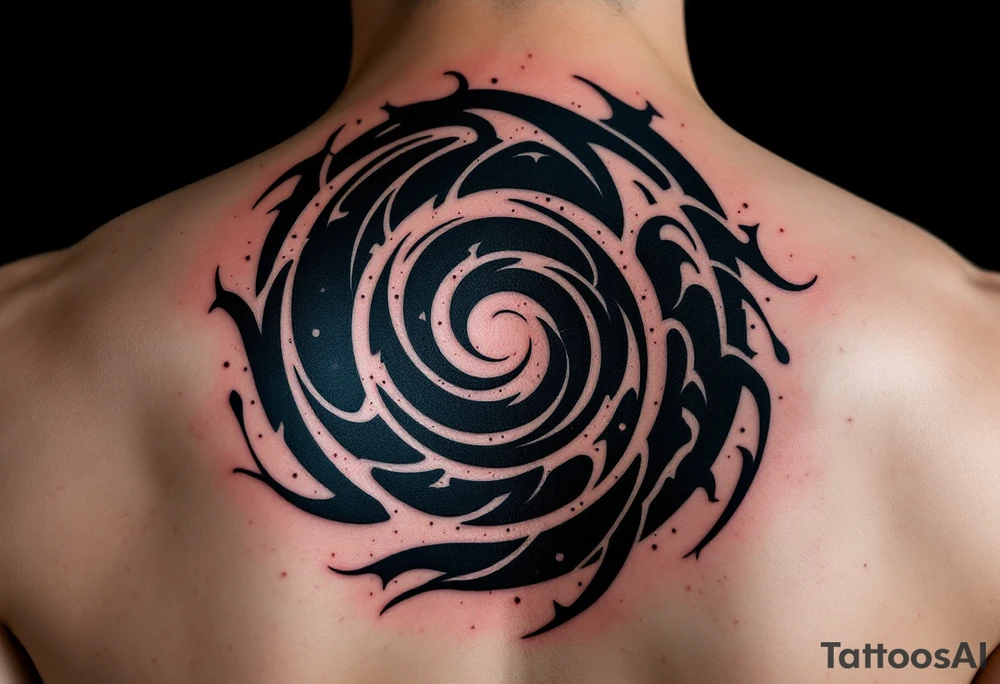 A tribal black spiral with bold, sharp edges, filled with hints of blood red. tattoo idea