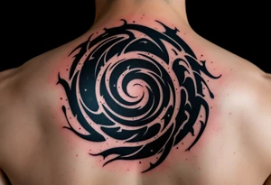 A tribal black spiral with bold, sharp edges, filled with hints of blood red. tattoo idea