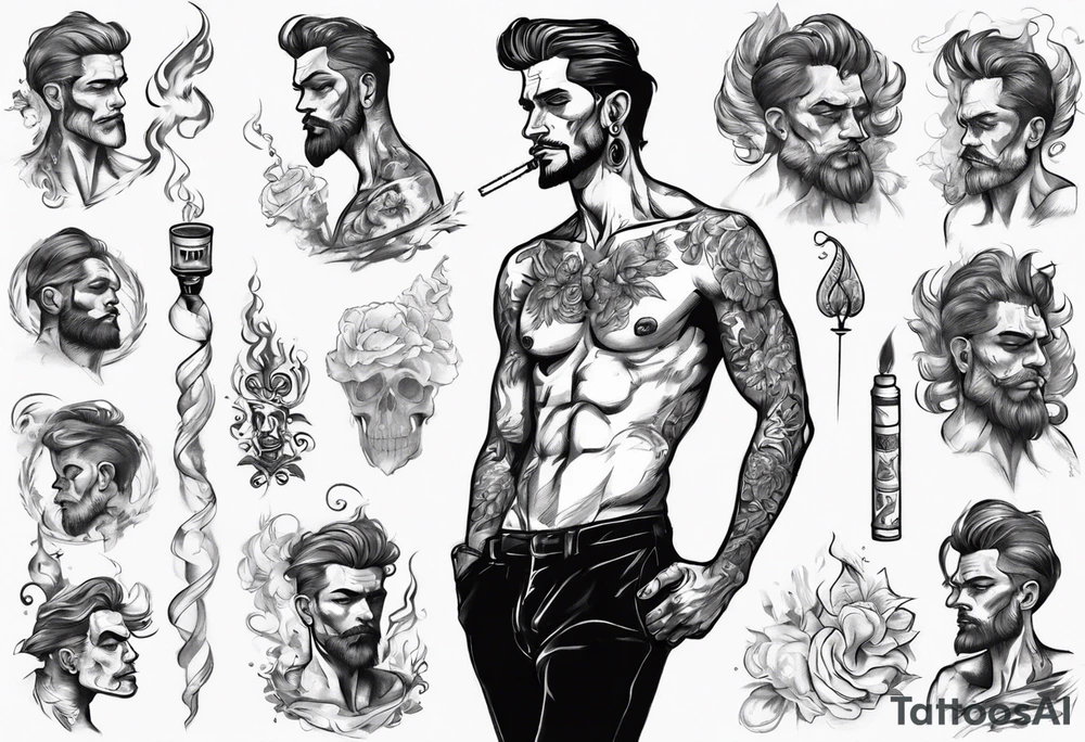 One handsome man with bare torso, full-length, no hat, earrings in his ears stands smoking a cigarette tattoo idea
