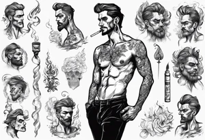 One handsome man with bare torso, full-length, no hat, earrings in his ears stands smoking a cigarette tattoo idea