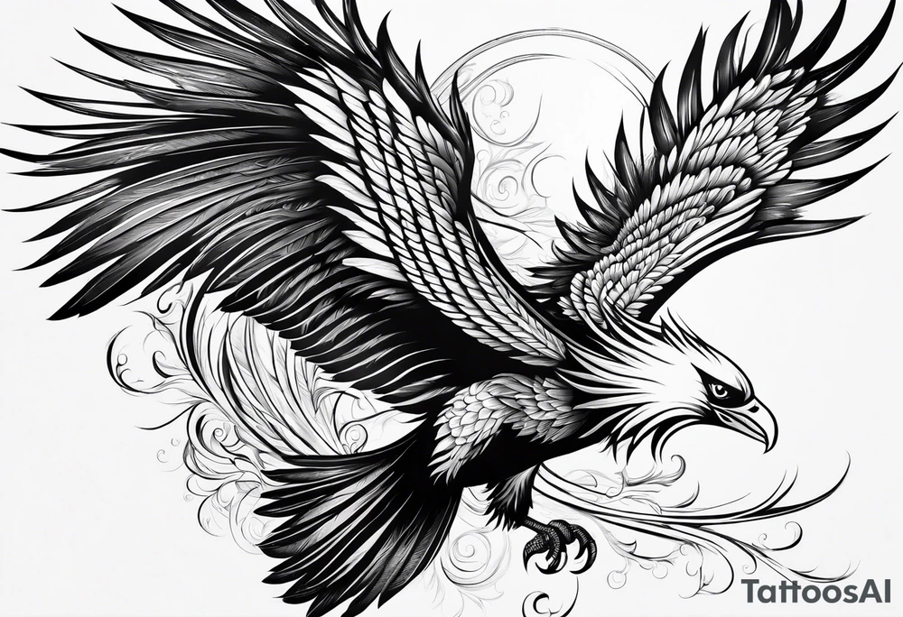 elegant long feathered phoenix
 in flight tattoo idea