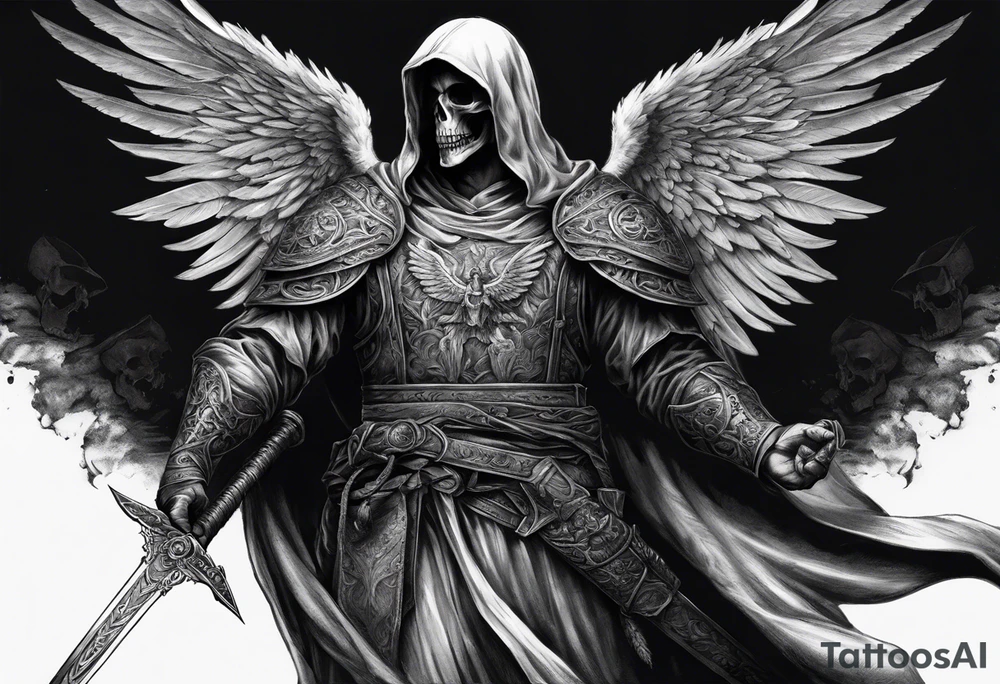 realistic angel of death, man, full body, no face visible, holding one sword in both hands, two hands on the sword, sword pointing downwards, skulls lying on the ground tattoo idea