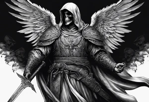 realistic angel of death, man, full body, no face visible, holding one sword in both hands, two hands on the sword, sword pointing downwards, skulls lying on the ground tattoo idea
