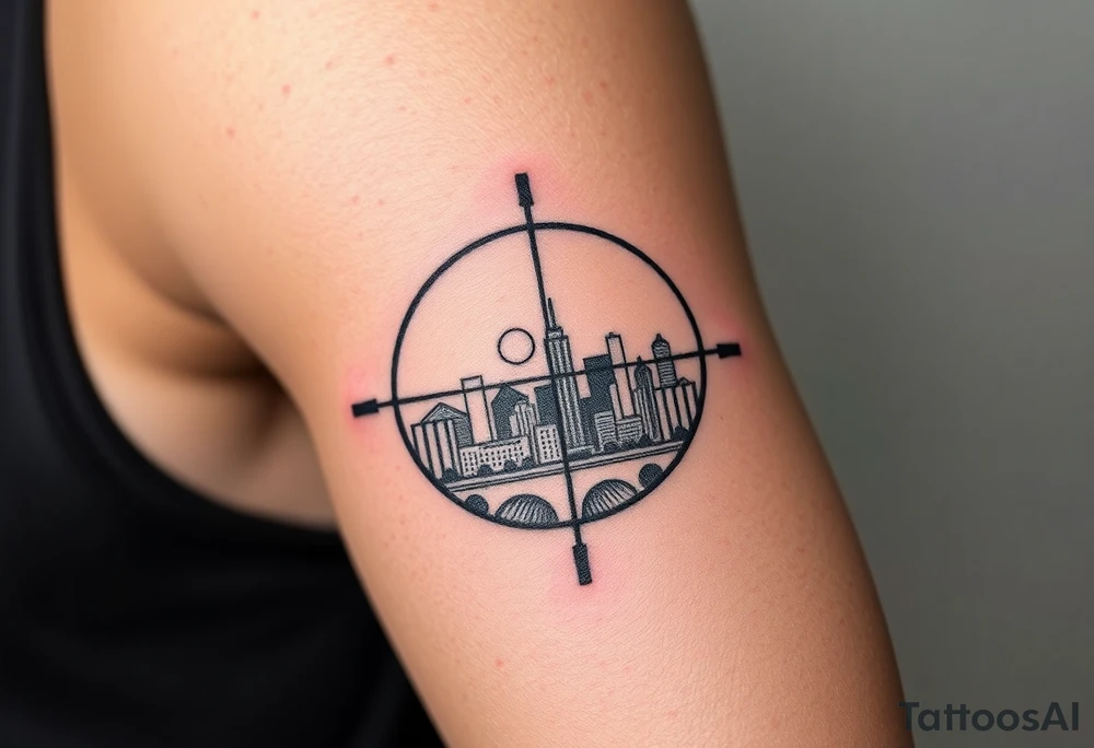 scope crosshairs with eerie la city horizon in background tattoo idea