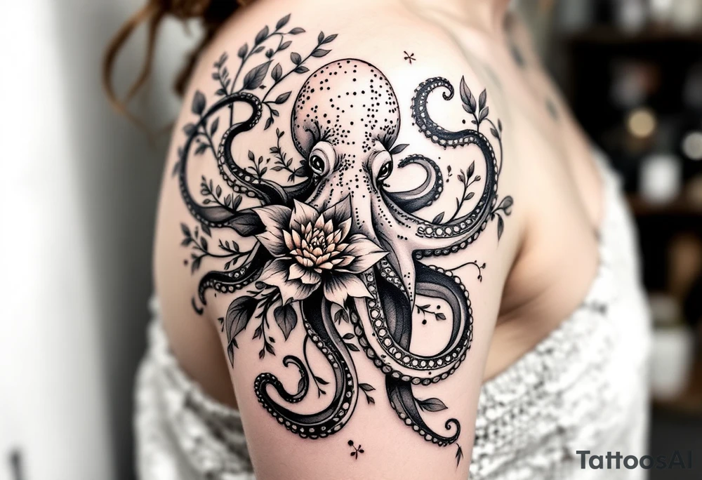 realistic octopus, detailed linework, black-and-grey shading, elegant floral vine, intertwining tentacles, thin black swirling lines, semi-transparent brown leaves, delicate mandala flower, dotwork, ornamental flourishes, radiating design, fine-line style, minimalistic, organic flow, feminine, artistic, slightly surreal, seamless composition, marine botanical fusion, lifelike texture, graceful rhythm, natural growth integration, upper arm placement, shoulder curve, body-following design, smooth shading, soft leaves wrapping, blooming shoulder flower, outward radiating pattern, vine tentacle flow, integrated sea creature, botanical octopus, arm shoulder tattoo, curved body placement, natural organic movement tattoo idea