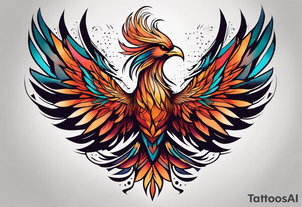 Geometric Tattoo: A powerful, majestic phoenix, depicted mid-flight or rising, with wings extended and feathers flowing. Deep shading and intricate details to bring out the texture and motion of the feathers. Style: Geometric. tattoo idea