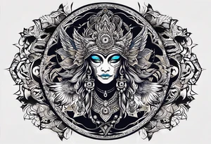 black kali, goddess pirate, alien, angel, pachamama, valkrye, warrior, flying, skull, lotus azul, wing, eagle, zenza resonance, stars, 5D, anahata chakra, death, durga, riding on a tiger tattoo idea