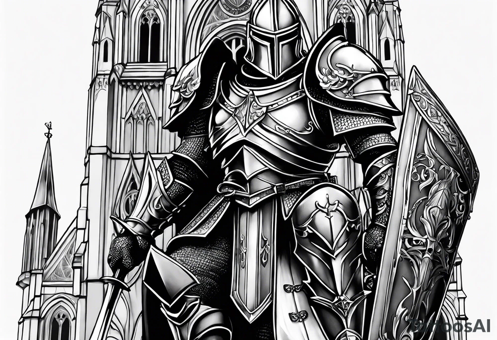 knight heavy armor in front of cathedral tattoo idea