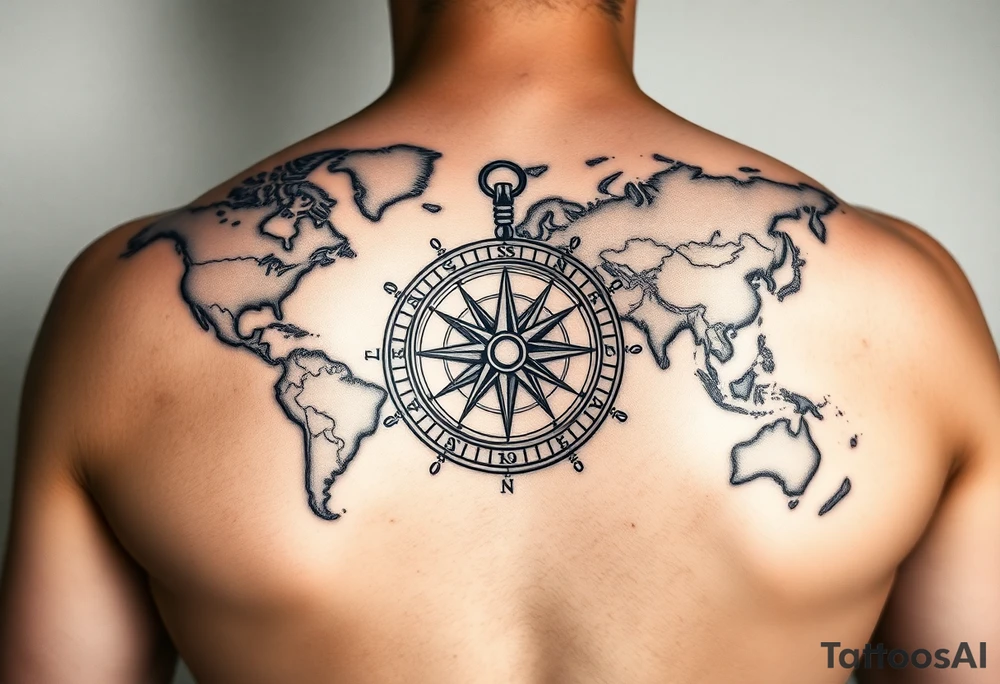 antique compass overlaid on weathered world map with Queen Anne's Revenge tattoo idea