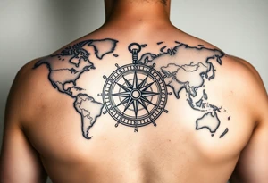 antique compass overlaid on weathered world map with Queen Anne's Revenge tattoo idea
