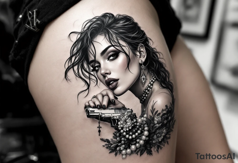 Profile of sexy woman with messy hair 
,resting chin on fist 
, mouth open  , lace, lipstick,  pearls 
compass and  hand gun  rosary wrapped around hand tattoo idea