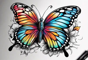 A vibrant butterfly with colorful wings, resting on a flower, showcasing transformation and beauty.” tattoo idea