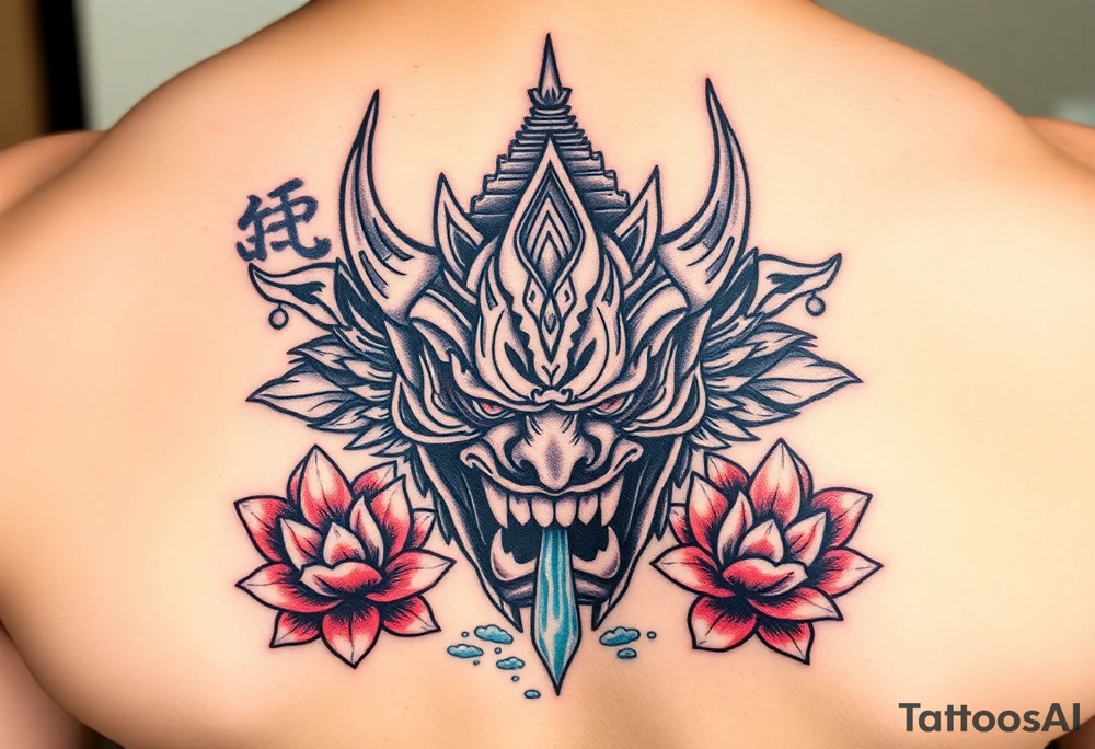 Vicious oni mask with temple in the background and water flowing through it. Lotus flowers. tattoo idea