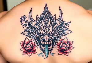 Vicious oni mask with temple in the background and water flowing through it. Lotus flowers. tattoo idea