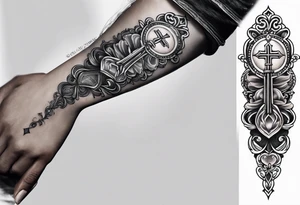 a forearm tattoo with cross and rosary around it tattoo idea