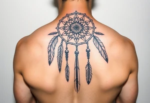 native dreamcatcher with flowing feathers and sacred beads tattoo idea