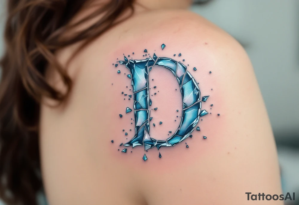 Broken Glass D – A fragmented D made to look like shattered glass, using gradients of icy blues and silvers. tattoo idea