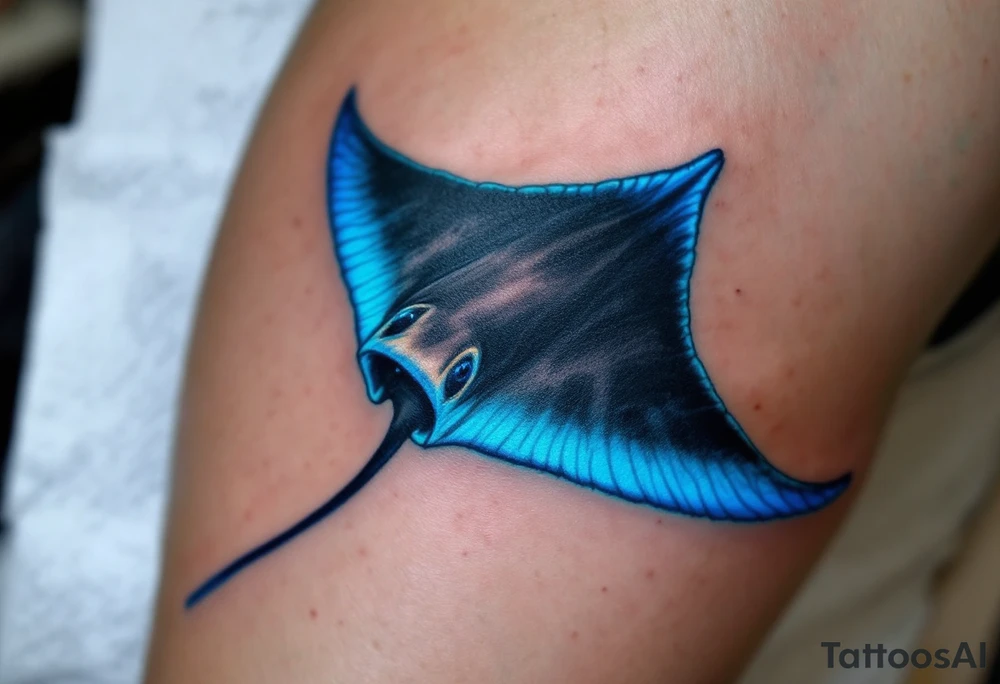 ChatGPT řekl:
A majestic ray fish with a velvety black back and an iridescent teal underside soars through the ocean, its wide, wing-like fins outlined in electric blue and trailing elegant ripples of light. tattoo idea