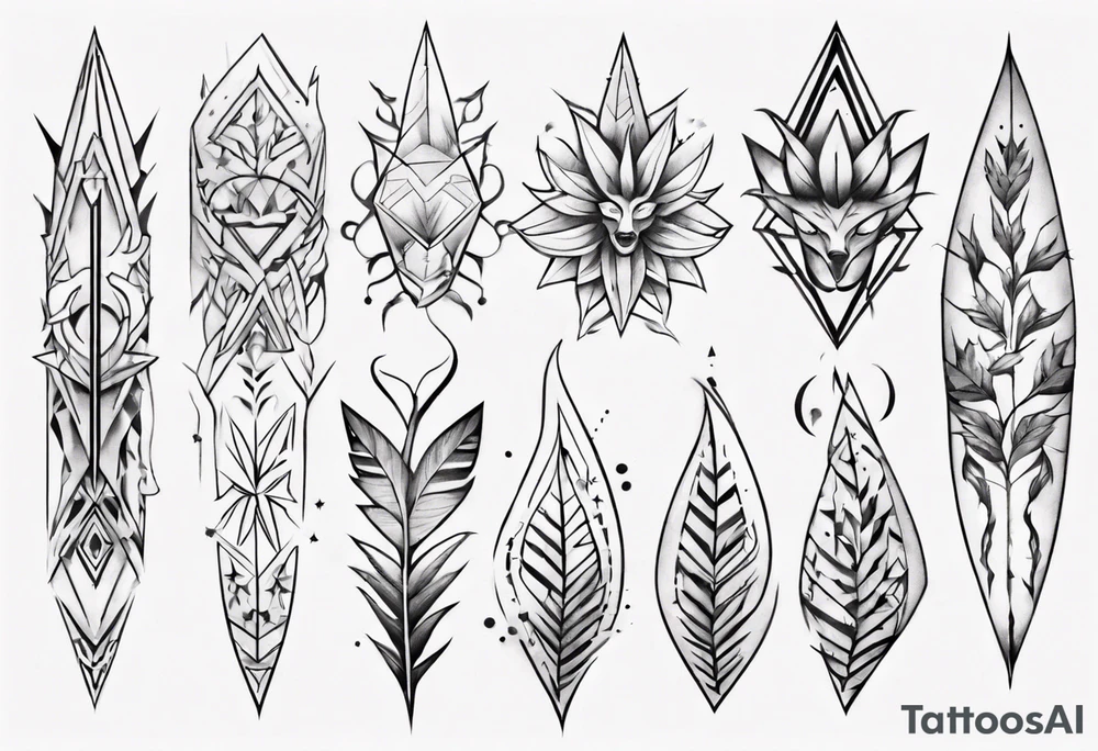 full arm tattoo. pointy leaves and geometric shapes tattoo idea