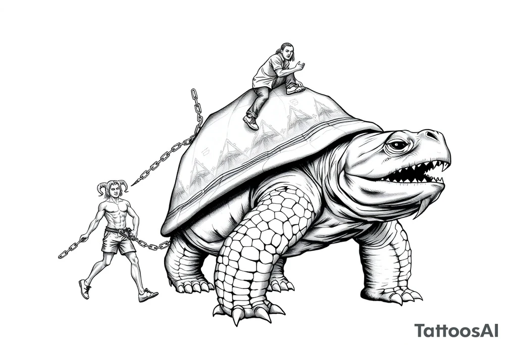 A giant walking 2 slaves on a chain leashan angry turtle with goat horns and huge teeth with a little man riding on his back tattoo idea