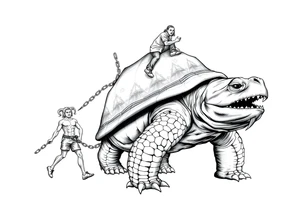 A giant walking 2 slaves on a chain leashan angry turtle with goat horns and huge teeth with a little man riding on his back tattoo idea