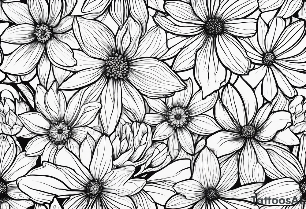 fine line wildflowers - white background, clean background, no skin tattoo idea
