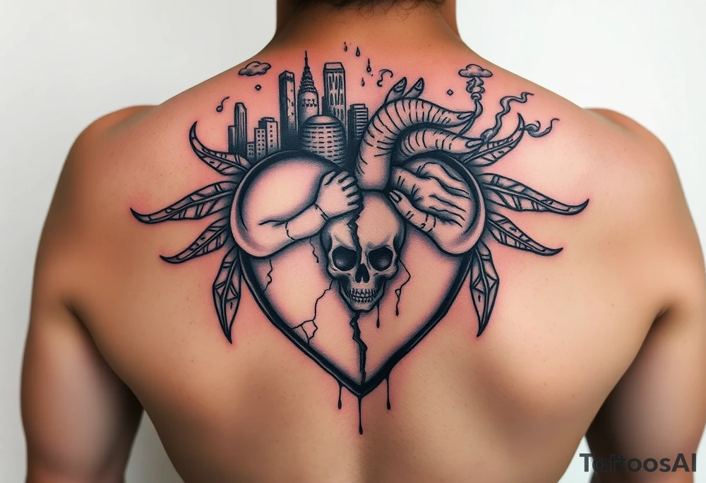 A heart that's half broken holding on by a thread and cracked with mandala art around it a city behind it 3 baby hands smoke and demons a skull floating showing it's a single mom just trying to get by tattoo idea