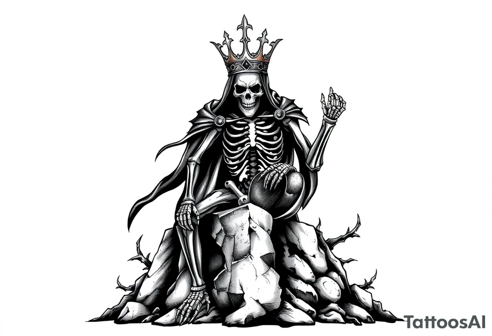 A crowned skeletal warrior rising from a stone barrow, cloaked in shadows and thorns. tattoo idea
