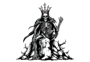 A crowned skeletal warrior rising from a stone barrow, cloaked in shadows and thorns. tattoo idea