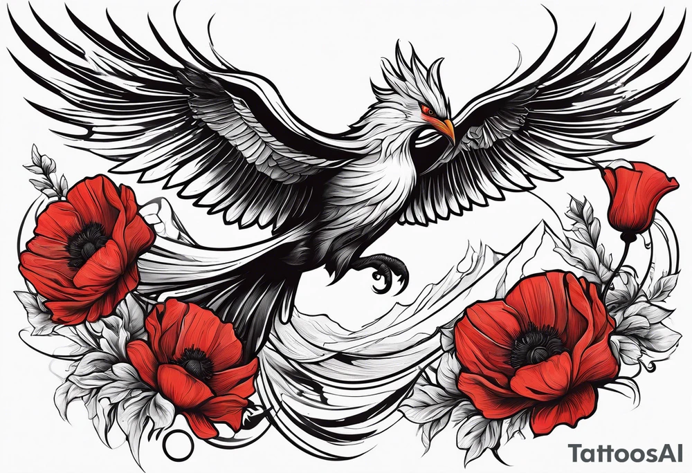 abstract pheonix holding red poppies in profile flight tattoo idea