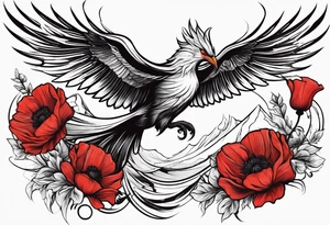 abstract pheonix holding red poppies in profile flight tattoo idea