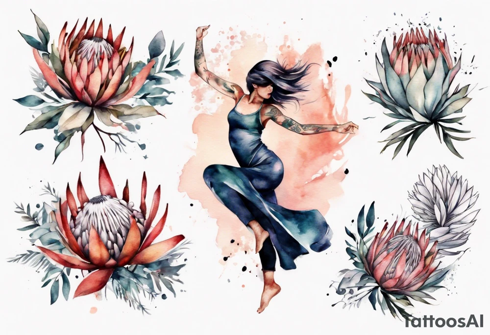 Very feminine tattoo with a woman dancing in a wind of protea flowers tattoo idea