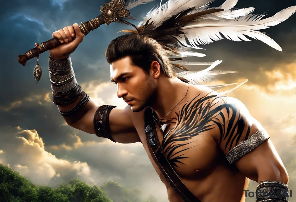 The tatto starts up in the left arm, at elbow height, where there are feathers moving under the action of the wind. The feathers interact with tree branches that advance towards the left hand. A little higher, close to the shoulder, lightning and thunder begin to appear, interacting with the feathers and branches. The feathers converge into a vortex of energy from which an owl's head is revealed, which is on the left chest. The branches go to the back, where they converge into a solid and psychedelic element that brings together different elements related to the energy of the creation of life: womb, rebirth, spirals, torus, sun and representations of the earth, including a house that can be clearly seen being built of earth. tattoo idea