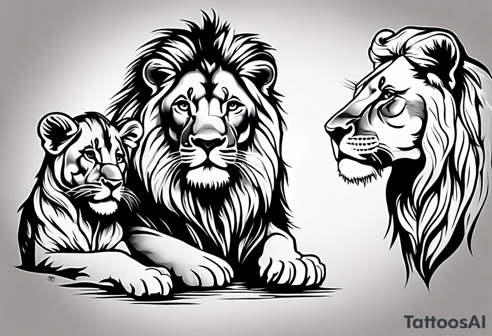 A baby lion next to his mother and another baby lion on his mother’s head tattoo idea