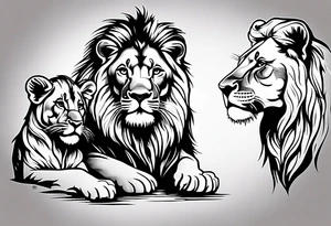 A baby lion next to his mother and another baby lion on his mother’s head tattoo idea
