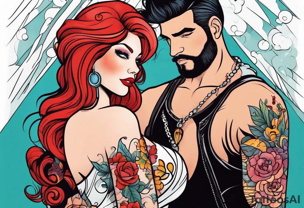 Busty Red haired woman with tall  black haired man tattoo idea