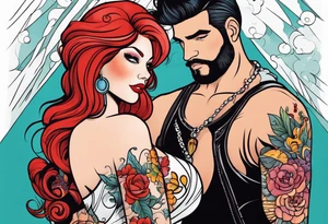 Busty Red haired woman with tall  black haired man tattoo idea