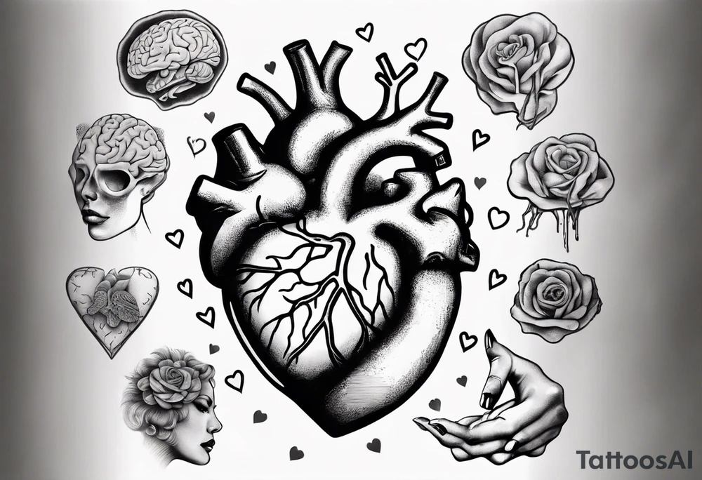 Heart and brain held by a woman's hand tattoo idea