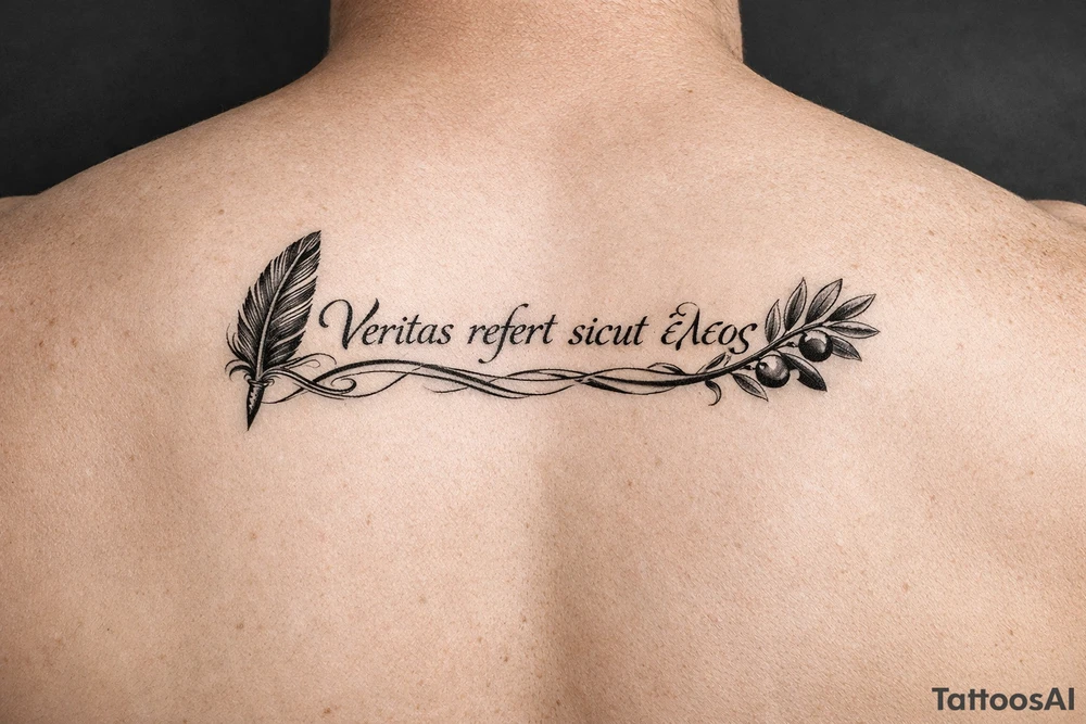 Veritas refert sicut ἔλεος on mid right back with a delicate but clear quill at the beginning and an olive branch at the end and there should be Elegant curvature as a vibe tattoo idea