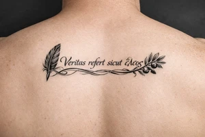 Veritas refert sicut ἔλεος on mid right back with a delicate but clear quill at the beginning and an olive branch at the end and there should be Elegant curvature as a vibe tattoo idea