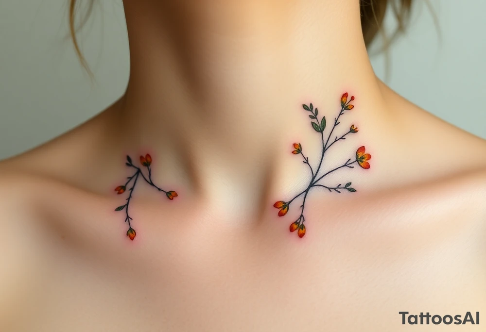 Two separate collarbone tattoos of long, stems and branches covered with red, orange, yellow and dark forest green leaves and flowers, fall themed, muted, delicate and gentle but moody, long and thin, following the collarbone. tattoo idea