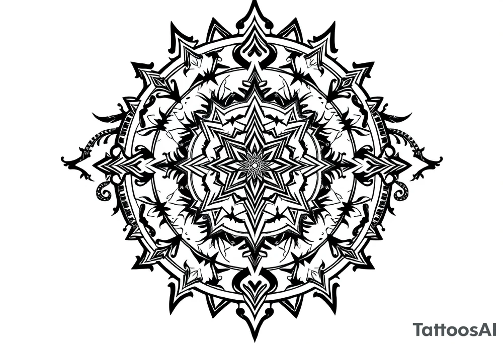 mystical dark and long ornament with shaman and witch style and ancient rhyme tattoo idea