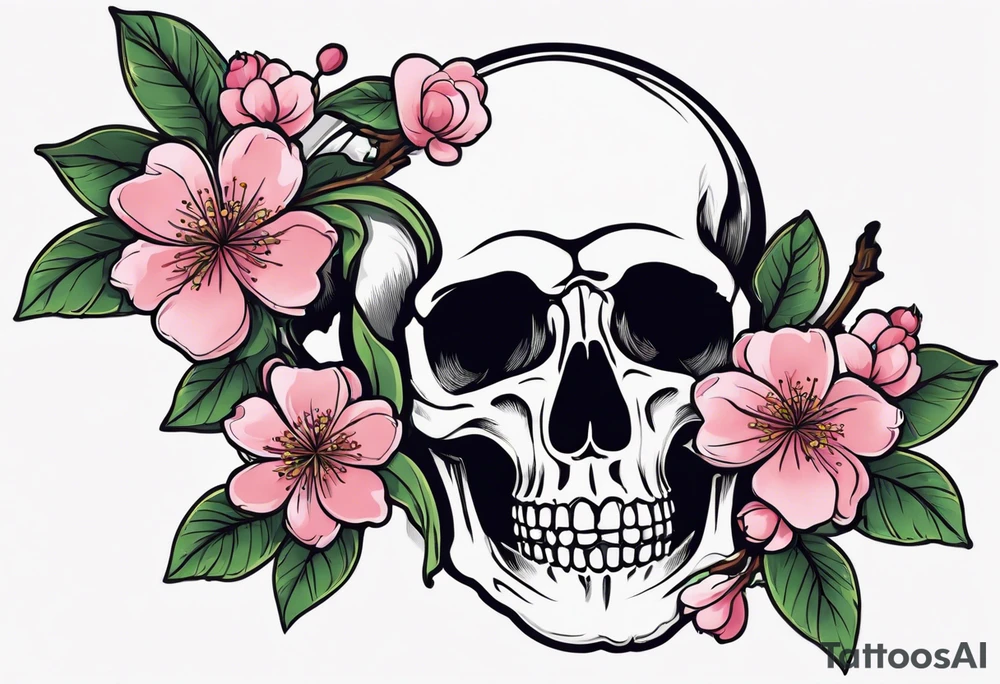 i have a human hand pointing at a skeleton hand tattoo on my left shoulder, the human hand is on the left and ends 3 cm into the wrist of the hand, i want a cherry blossom branch to sprout out of the wrist on the tattoo, then travel down to my arm and wrap around my bicep once, this bit can be floral, then it needs to narrow down and fit through a 7 cm gap in on my forearm then eventually ending in a 10 cm gap on my wrist, this gap can be filled with more blossom flora, this tattoo needs to go all the way down my arm so it needs to be long, the tattoo will start at my shoulder and go all the way down my arm tattoo idea