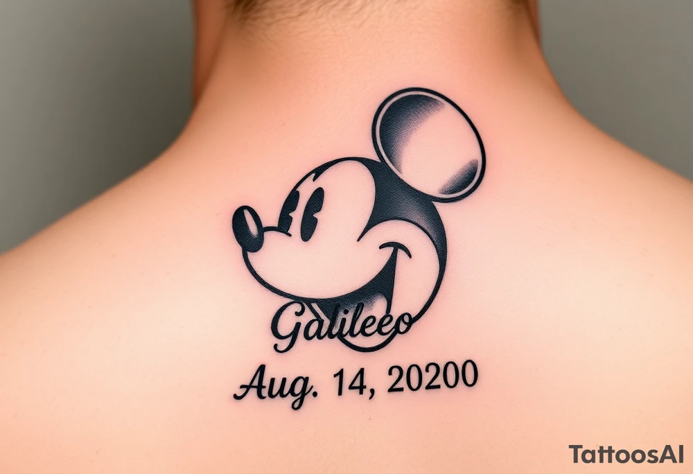 mickey mouse symbol with the name Galileo and the date August 14,2020, incorporated tattoo idea
